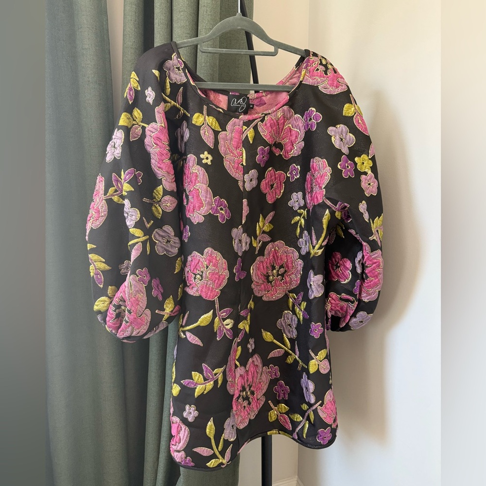 Arianne Elmo Good Luck Dress Black Mini Dress with Pink Floral Design